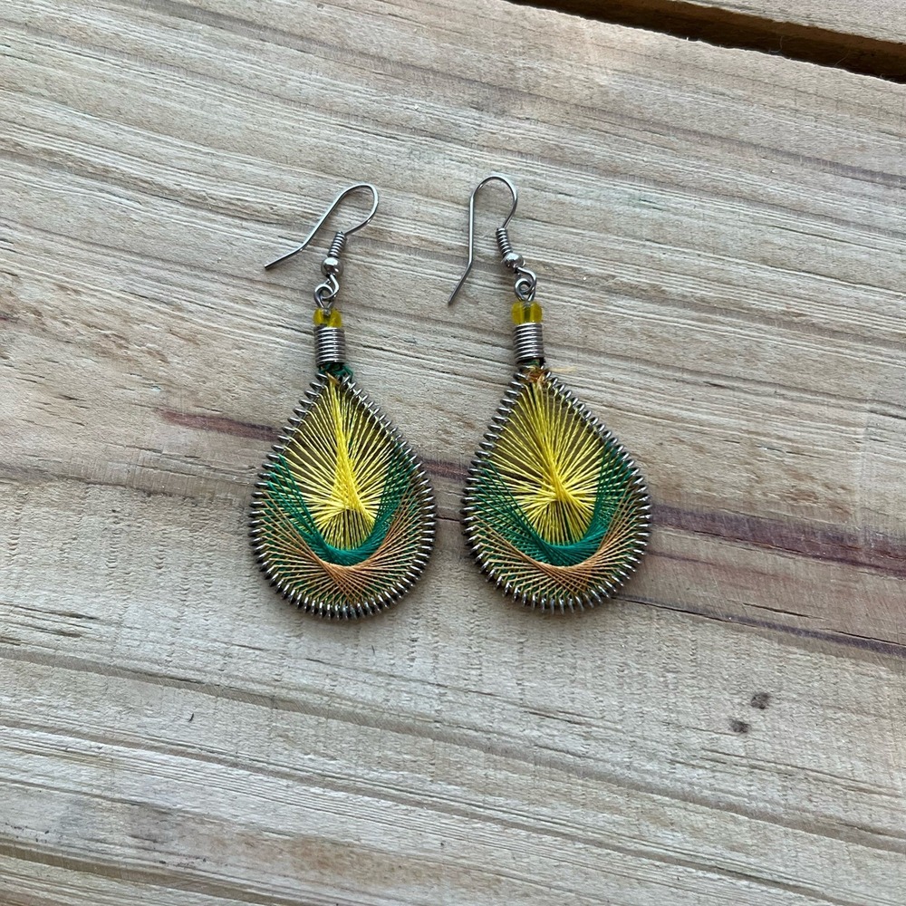 Silk Thread Teardrop Earrings Yellow Green Brown Peruvian Handmade Boho 2.5"